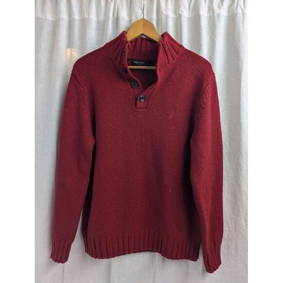 Nautica Mens Large collared 4 button sweater red speckled wool blend warm SW7 - Picture 1 of 8
